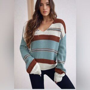 Striped Design Sweater with a V neck